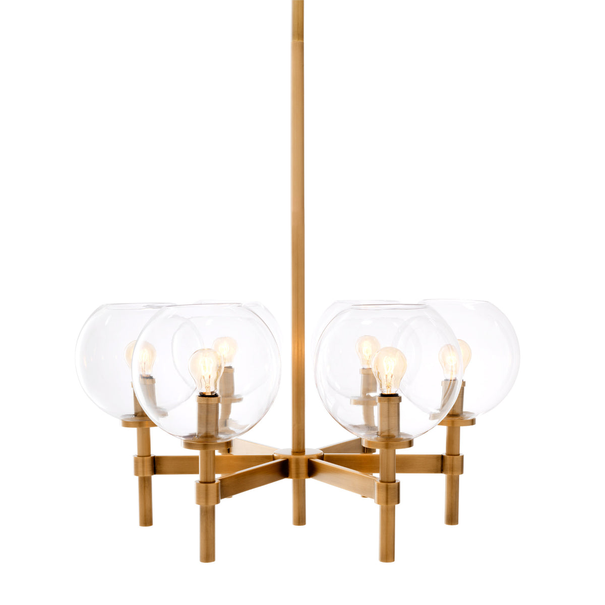 Eichholtz Chandelier Jade S luminaire has an antique brass finish. From a central stem 6 arms extend in every