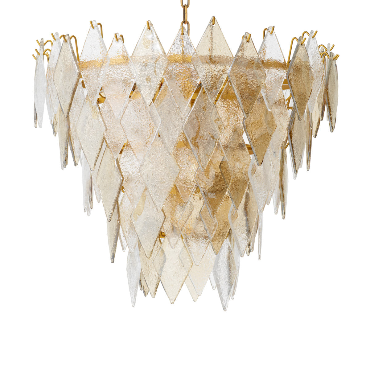 Eichholtz Chandelier Rhombus S an antique brass finish. This luxurious centerpiece captivates with its rhombus design, casting a warm,