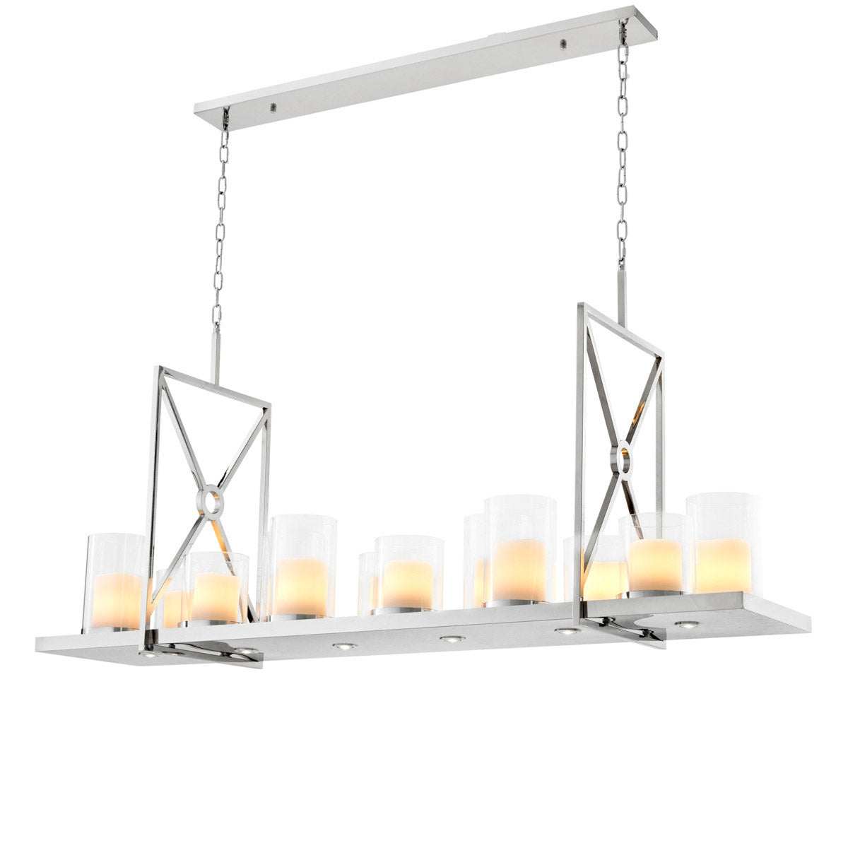 Eichholtz Chandelier Summit The glossy polished stainless steel frame of the Summit Chandelier comprises two square panels with