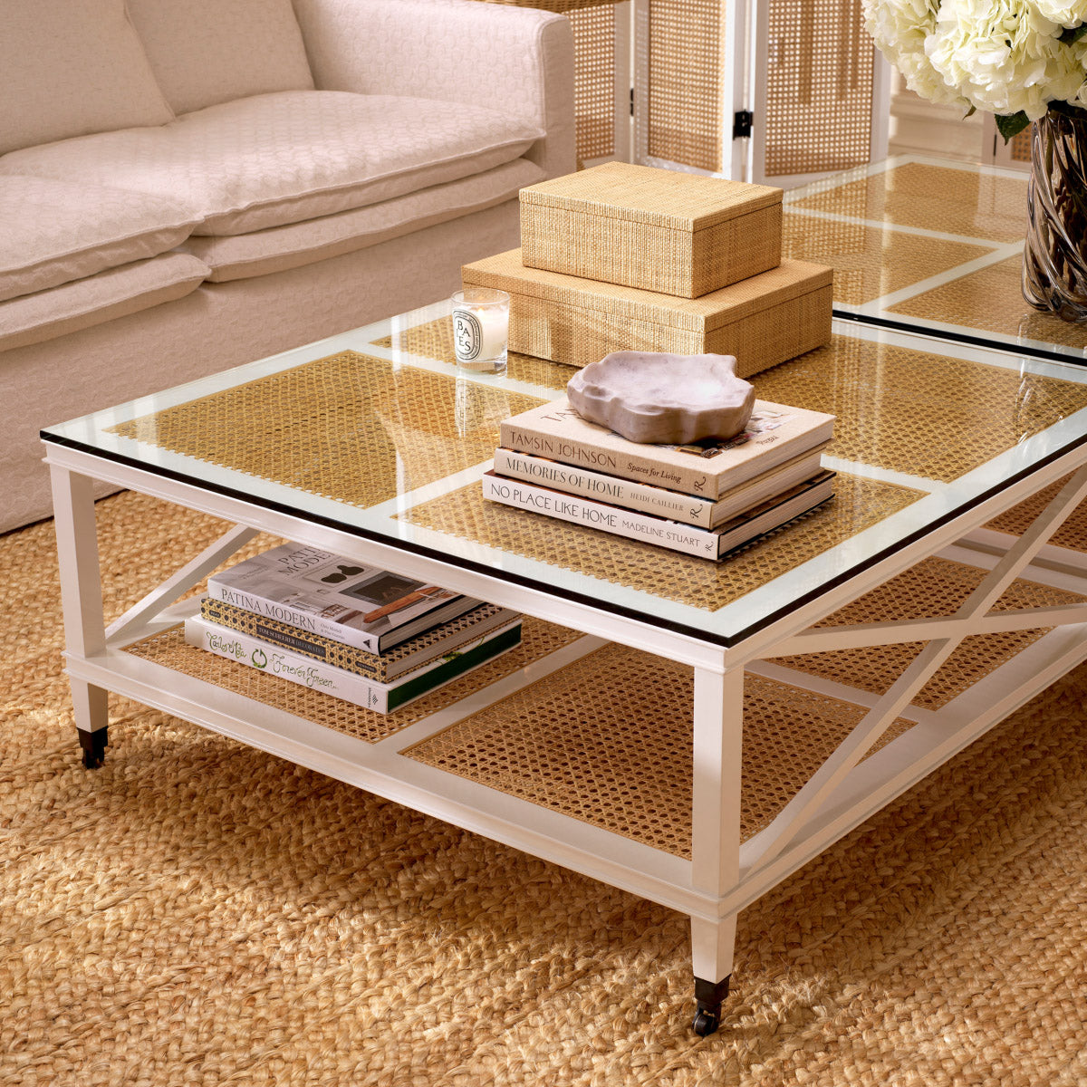 Eichholtz Coffee Table Bahamas Its pristine piano white finish, paired with the organic allure of natural cane and sleek