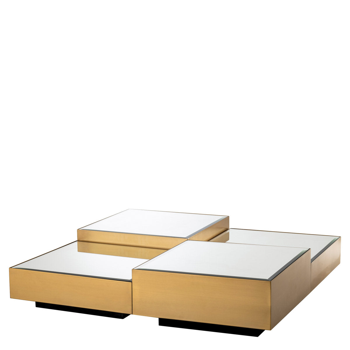 Eichholtz Coffee Table Esposito set of 4 black base, each piece has a brushed brass finish with a soft sheen and a