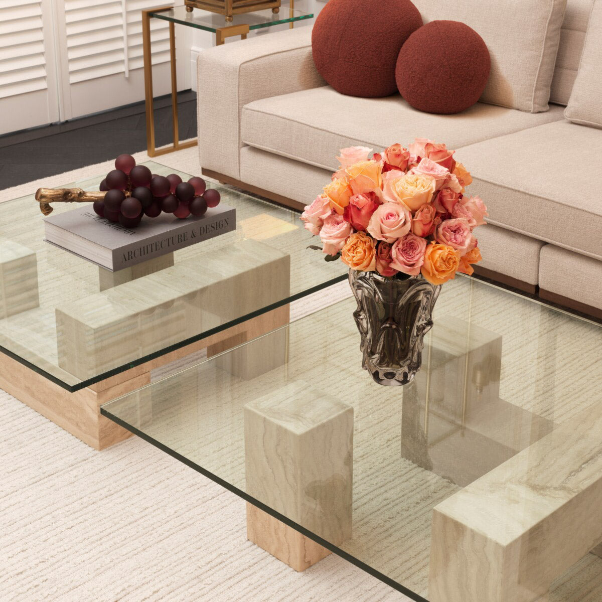 Eichholtz Coffee Table Ikal table. Three blocks of solid travertine, a type of natural limestone celebrated for its unique