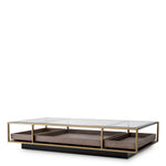 Eichholtz Coffee Table Roxton practical, the Roxton combines a brushed brass finish with clear glass and grey veneer accents.