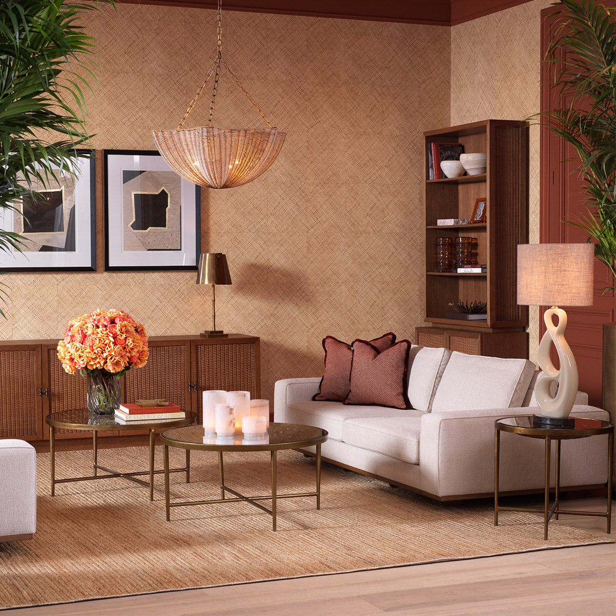 Eichholtz Coffee Table Sorrento finish and a woven-pattern bowl shape visible through its clear glass top. This artisan-crafted furniture