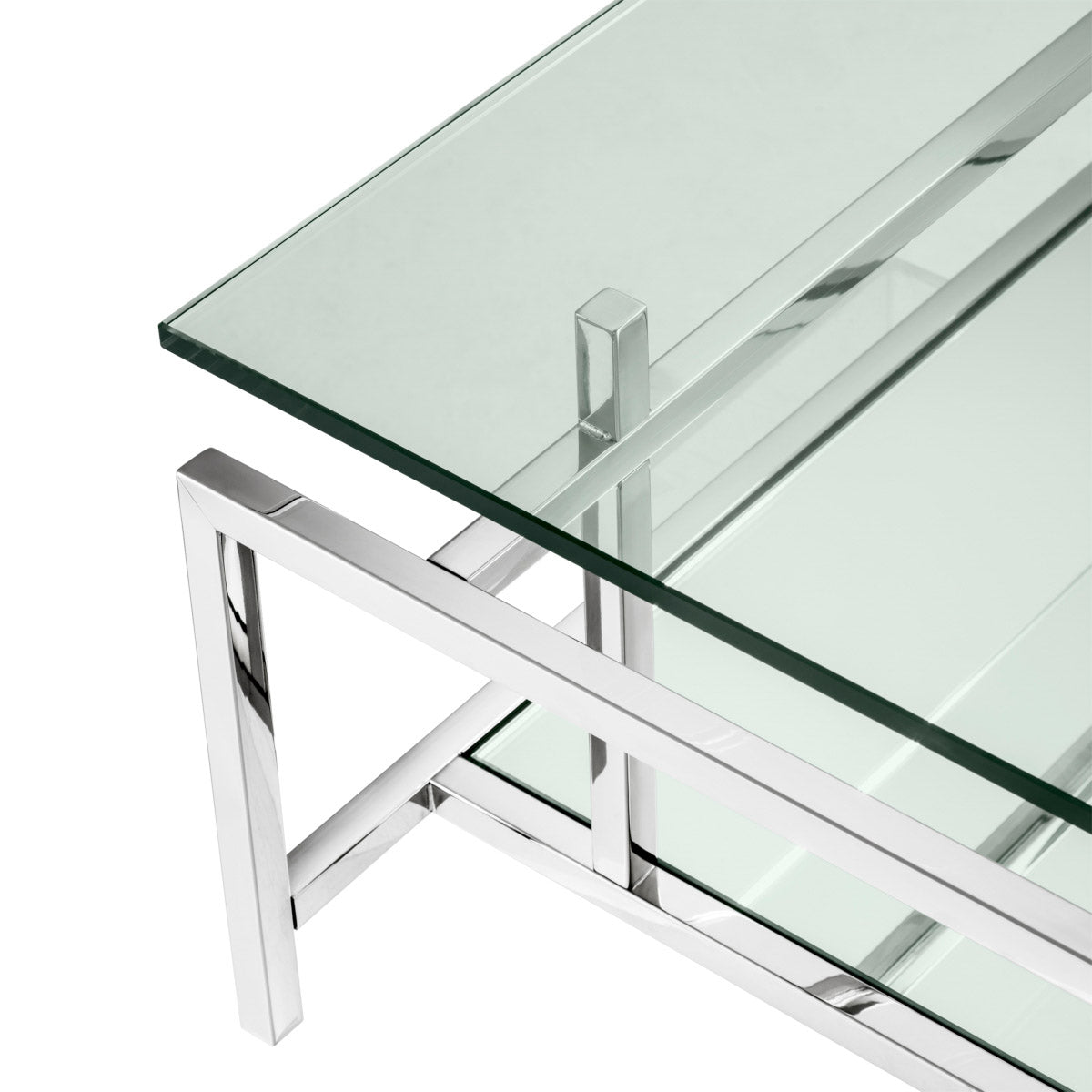 Eichholtz Coffee Table Superia sturdy frame of polished stainless steel and a clear glass tabletop and a mirror glass