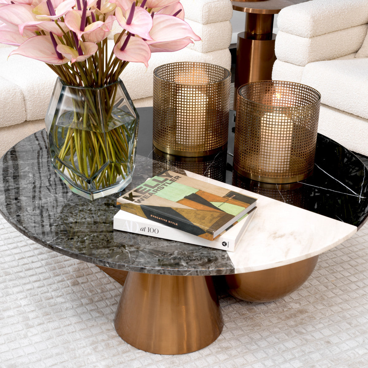 Eichholtz Coffee Table Tricolori daring combination of materials and forms. The remarkable base comprises a cube, cone and ball