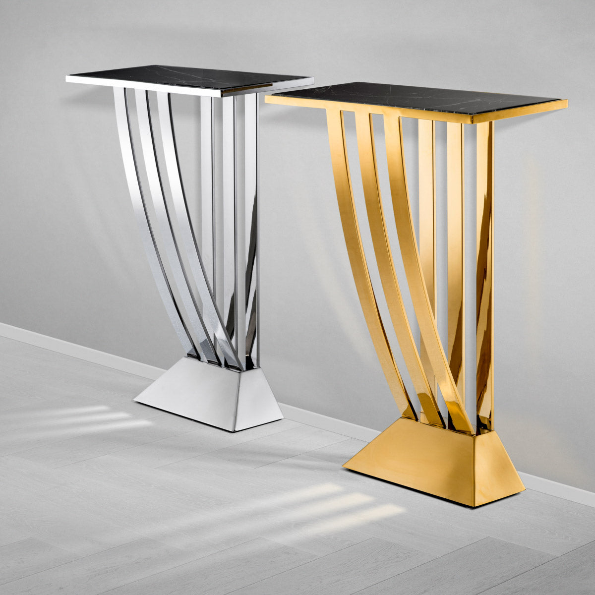 Eichholtz Console Table Beau Deco a unique polished stainless steel frame with a large, sturdy base and protruding slats on