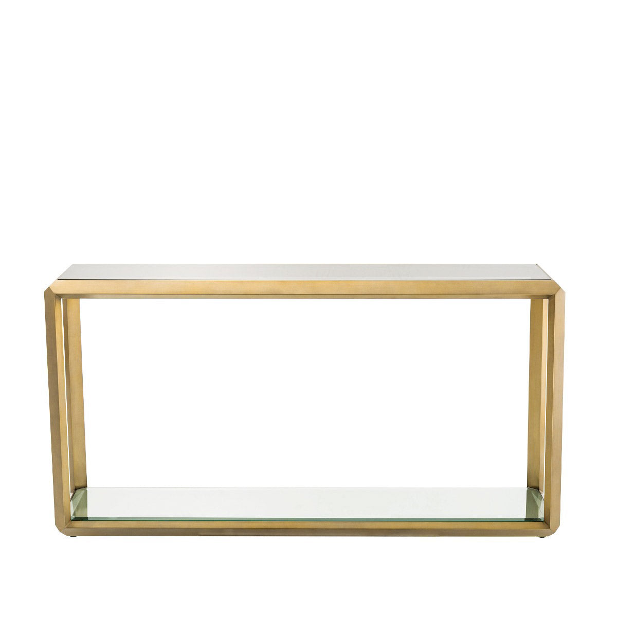 Eichholtz Console Table Callum brass frame with bevelled rims surrounds the tabletop of smoke glass and the bottom shelf