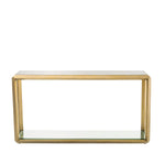 Eichholtz Console Table Callum brass frame with bevelled rims surrounds the tabletop of smoke glass and the bottom shelf