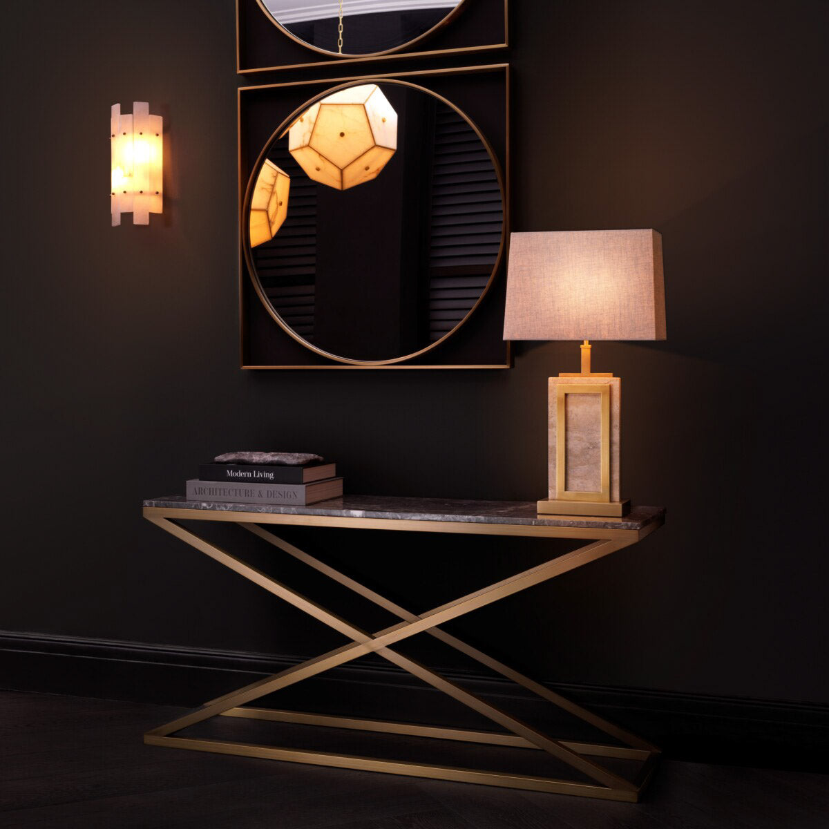 Eichholtz Console Table Criss Cross materials. With its intersecting brushed brass frame and elegant grey marble top, this console table