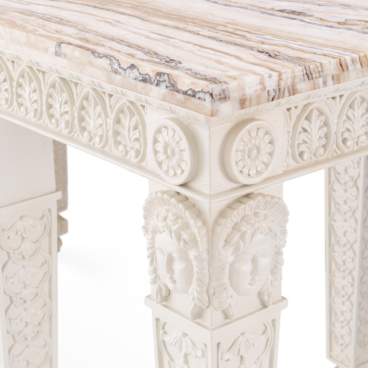 Eichholtz Console Table Croome Court an antiqued white finish and marble top. Its design evokes the exquisite, almost kinetic energy