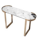 Eichholtz Console Table Fabio objects. Finished in brushed brass, the metal legs elegantly curve around the ends of the
