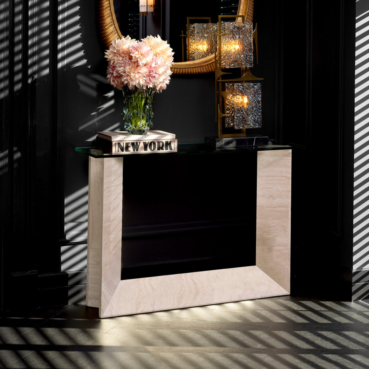 Eichholtz Console Table Fortuna from the finest travertine, each piece is hand-selected to ensure a one-of-a-kind look rich in