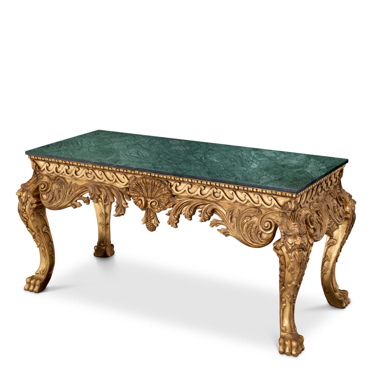 Eichholtz Console Table Matthias intricate details like shell motifs, classical masks, lion's paws, and rich acanthus leaves. The water