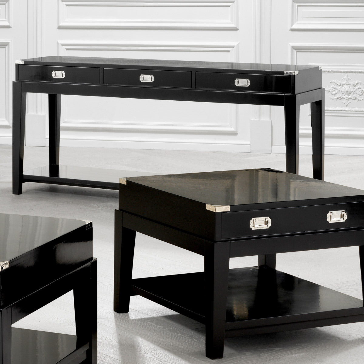 Eichholtz Console Table Military sturdy design in modern black timber finish with nickel hardware gives this console timeless appeal.