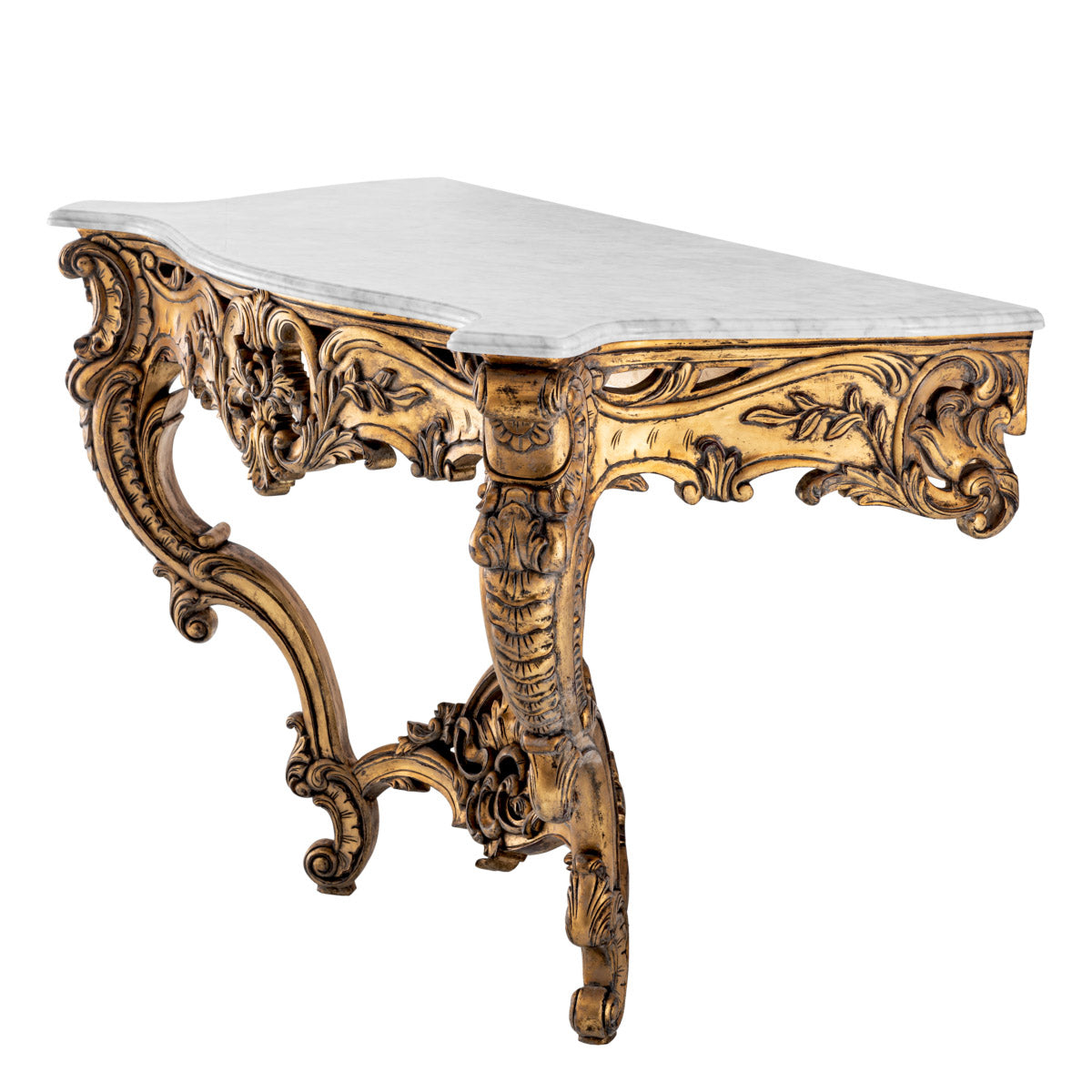 Eichholtz Console Table Rococo Met's holdings, , our version features an antiqued gold finish and a pristine white marble