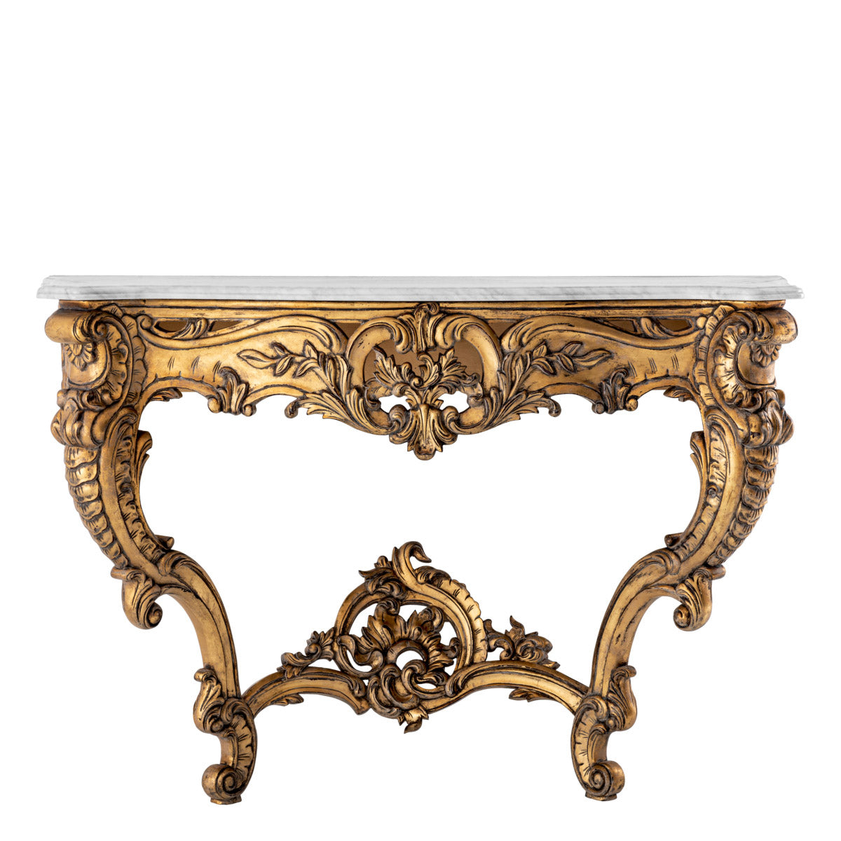 Eichholtz Console Table Rococo top. Its ornate design, with handmade floral garlands and shell forms, infuses historical elegance into