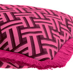 Eichholtz Cushion Doris L accentuated by dark pink fringe accents. The vibrant pink Doris print on a white backdrop