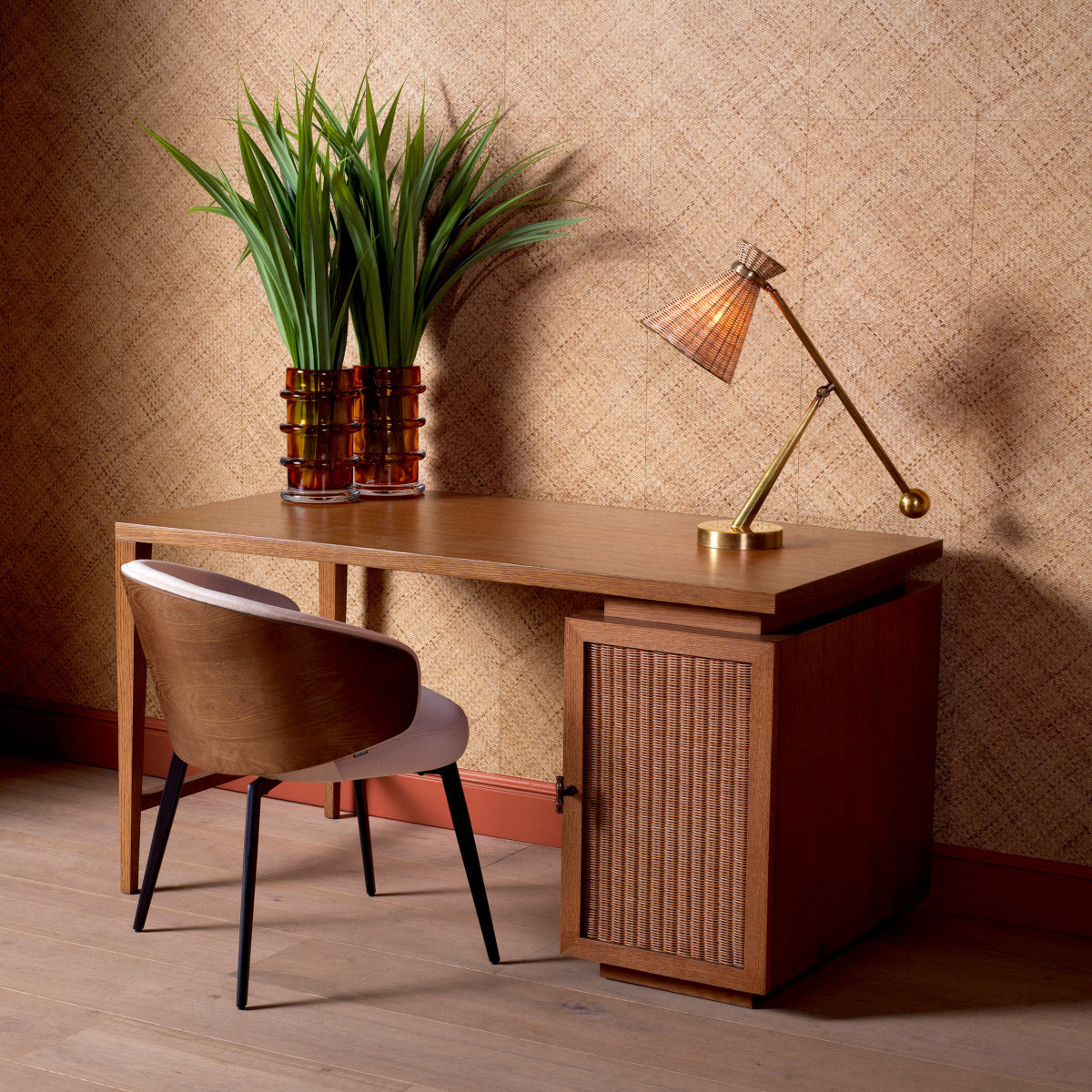 Eichholtz Desk Borchard envelops rattan paneling. This piece seamlessly combines warmth with sophistication, offering a timeless elegance...