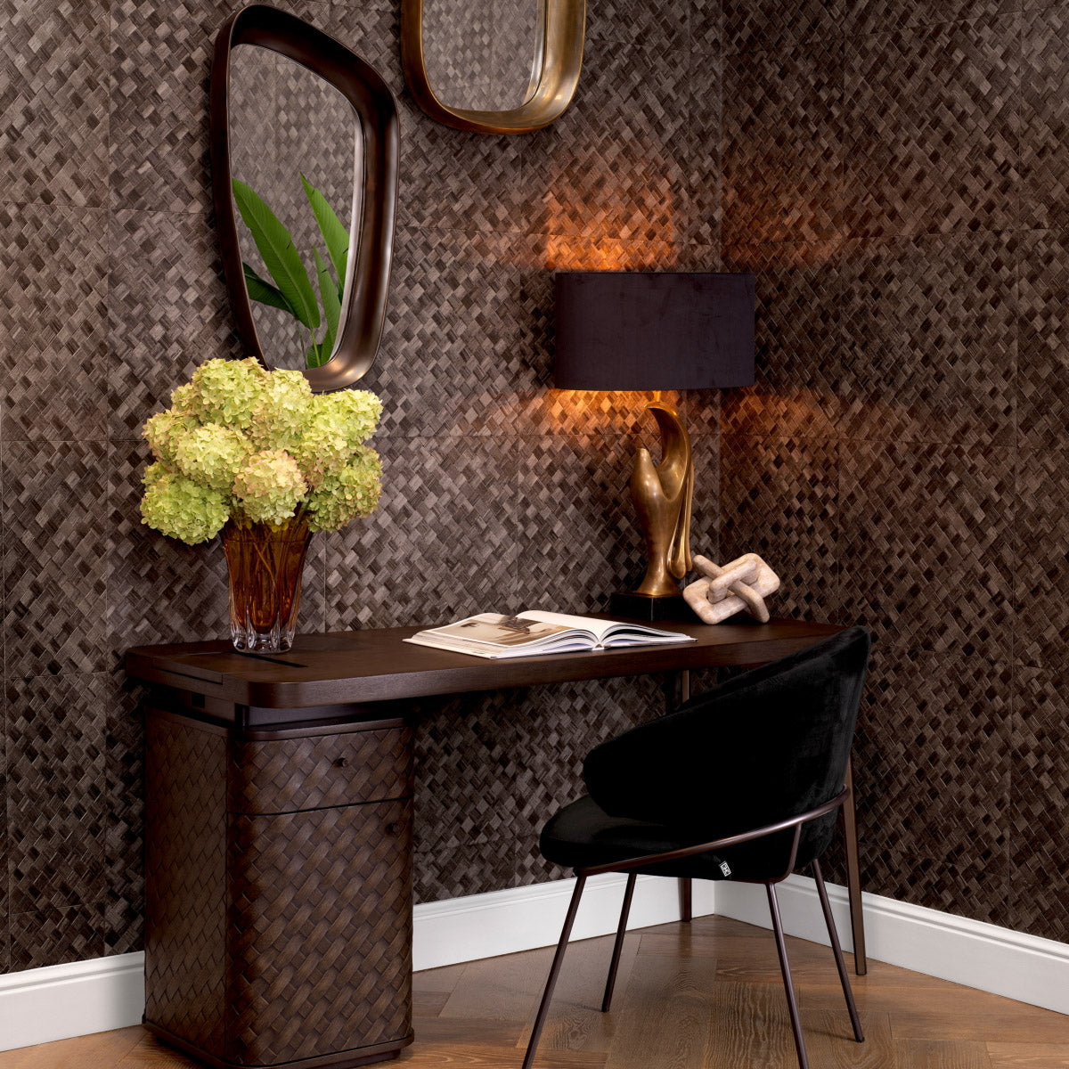 Eichholtz Desk Fiji ample storage space and a drawer for convenience. The top boasts a space to hide