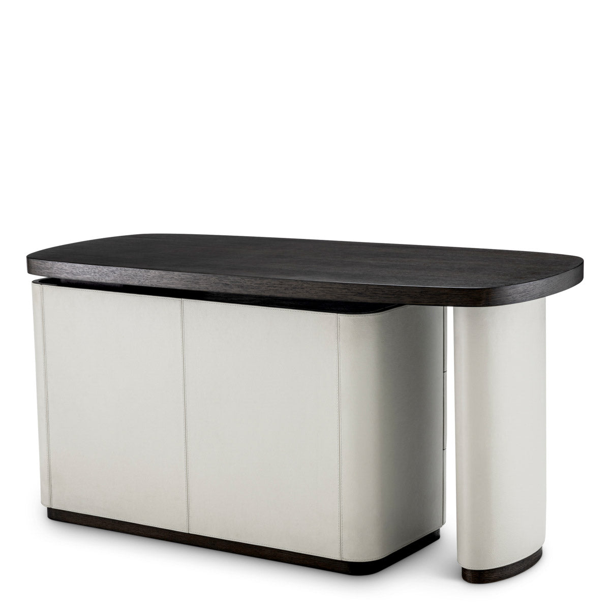 Eichholtz Desk Numana versatility. Crafted from mocha oak veneer and accented with light grey faux leather, this desk's .