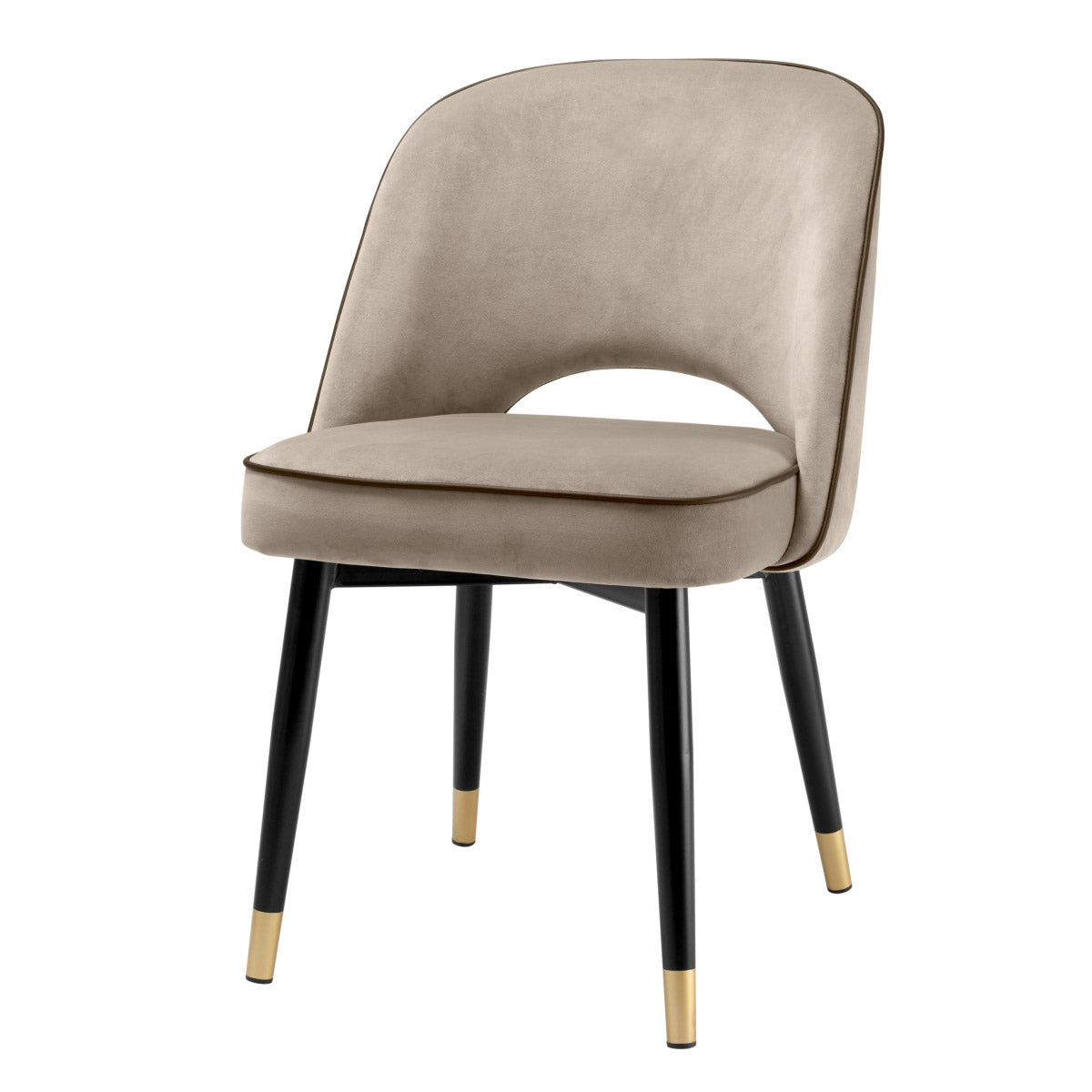 Eichholtz Dining Chair Cliff black tapered legs with gold caps, the solid frame holds an armless back that is