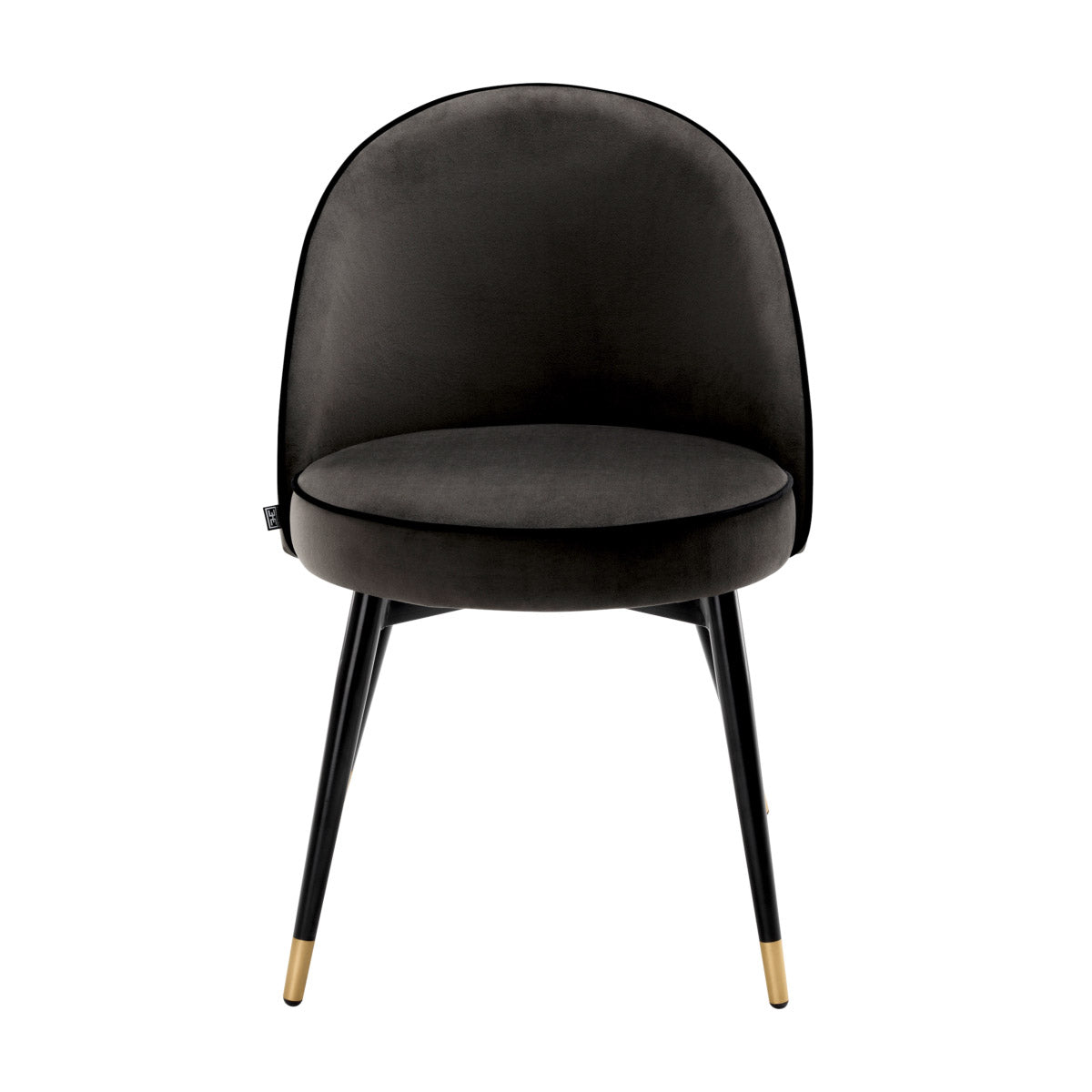 Eichholtz Dining Chair Cooper set of 2 Roche dark grey velvet upholstery with black piping, tapered black legs and brass caps. Team
