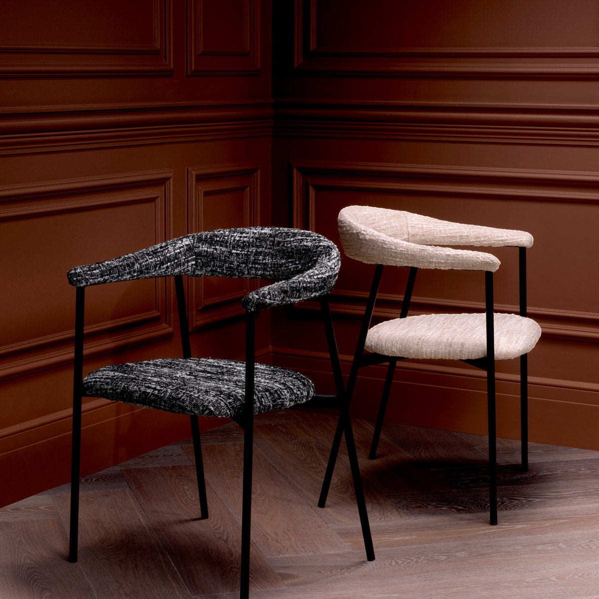 Eichholtz Dining Chair Julio set of 2 its contemporary black legs and Bouclé sonata black fabric, showcases unique variations in colour and