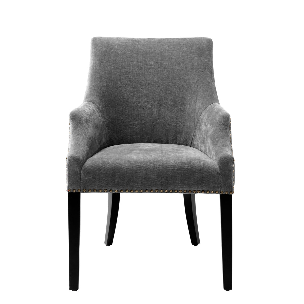Eichholtz Dining Chair Legacy has a sweeping shape and features a Clarck grey upholstery, punctiliously deposited with antique brass