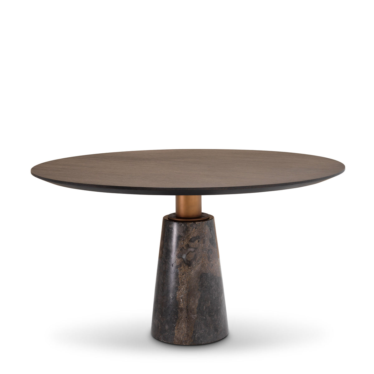 Eichholtz Dining Table Genova mocha oak veneer tabletop and grey marble base, this round dining table is a ready