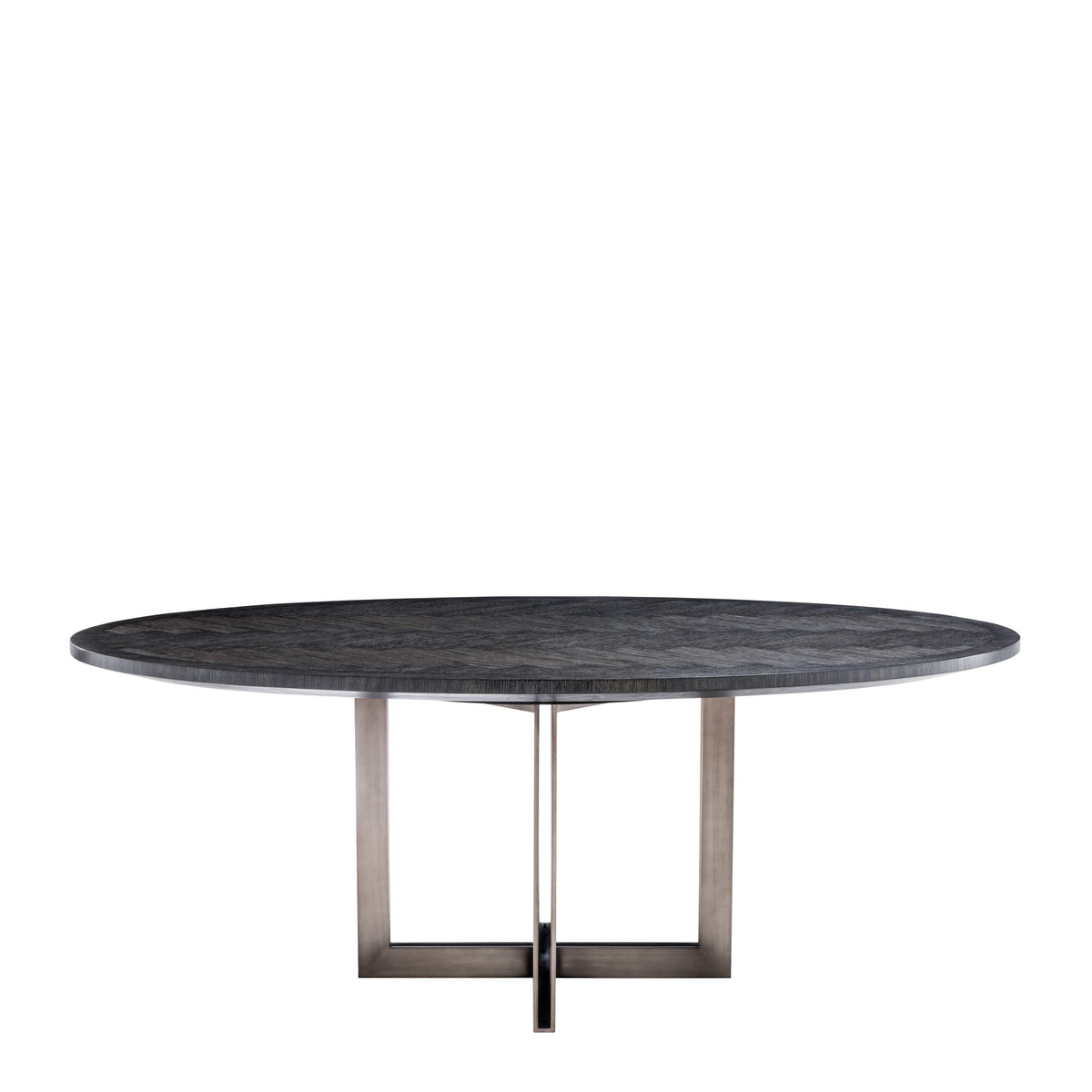 Eichholtz Dining Table Melchior oval that features a sturdy base with a bronze finish. As the beautiful herringbone pattern of