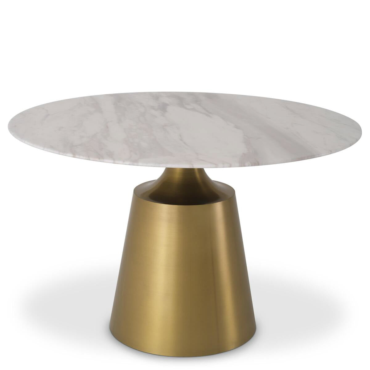 Eichholtz Dining Table Nathan With its round marble top of white marble and tapered brass base, Dining Table Nathan