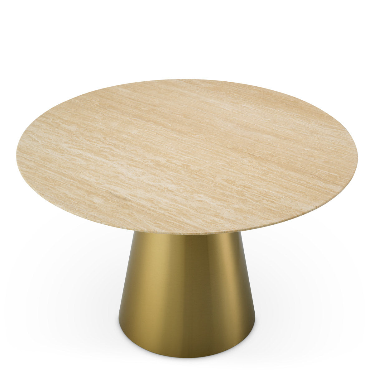 Eichholtz Dining Table Nathan a lustrous brushed brass finish with a unique travertine top, radiating timeless luxury. The contemporary