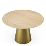 Eichholtz Dining Table Nathan a lustrous brushed brass finish with a unique travertine top, radiating timeless luxury. The contemporary
