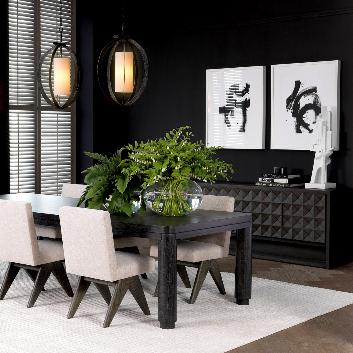 Eichholtz Dresser Jane L interior a modern yet timeless appeal. Geometric patterns from solid meranti wood on the door