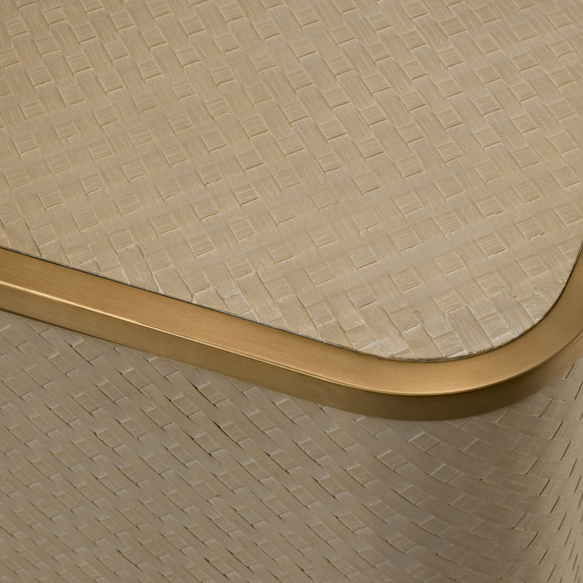 Eichholtz Dresser Napa Valley brushed brass finished frame. It is lined with woven washed oak veneer and contains 4