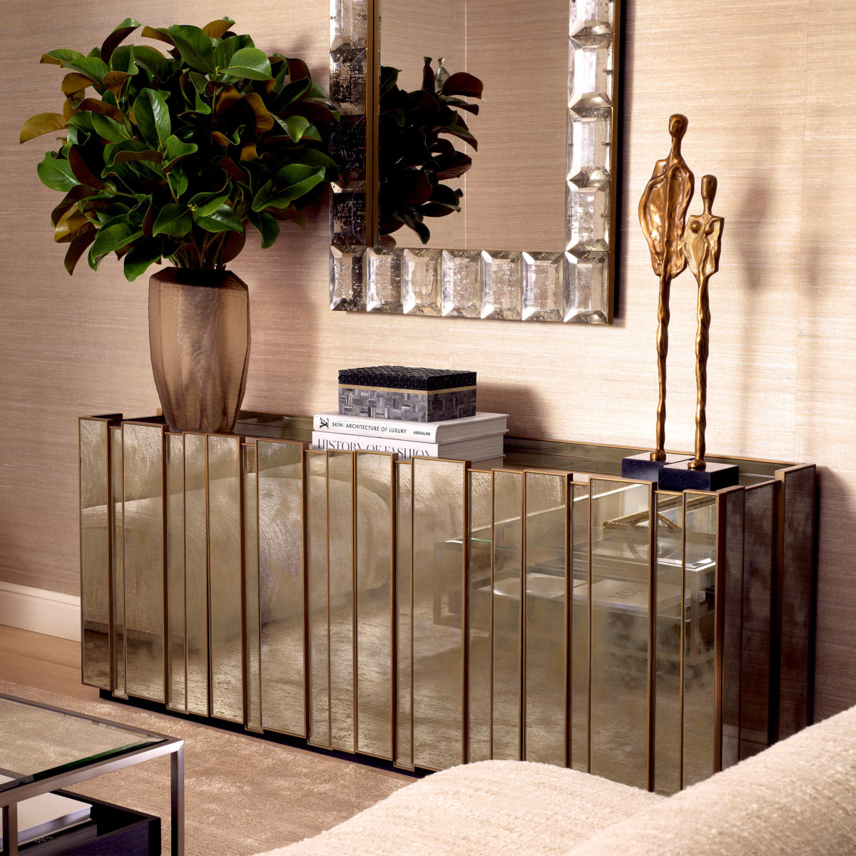 Eichholtz Dresser Nottingham antique mirror glass. The intricate design offers a luxurious touch that resonates with modern opulence