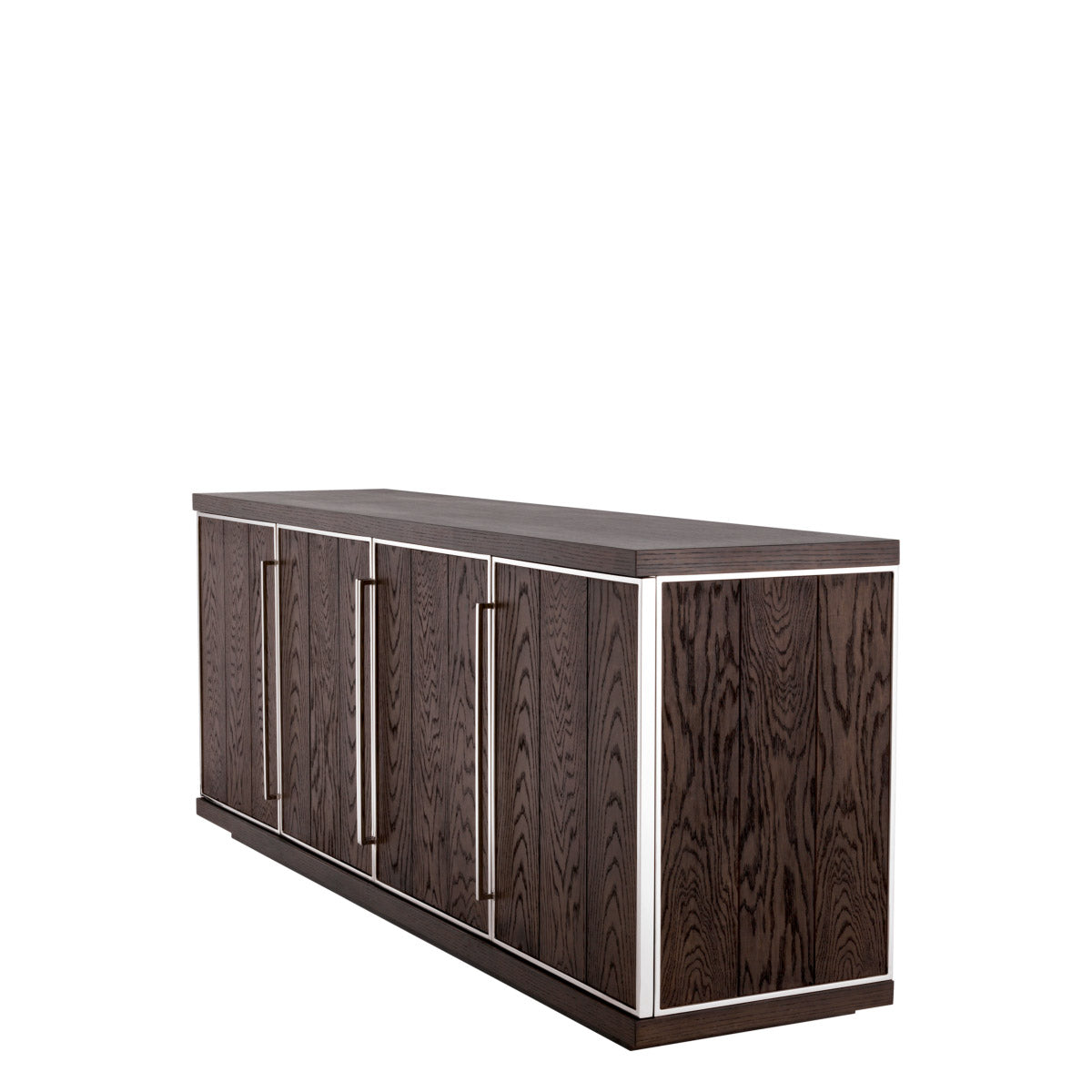 Eichholtz Dresser Renzo patterns, the mocha oak veneer doors are genuine eye-catchers. The high-quality finish in polished nickel