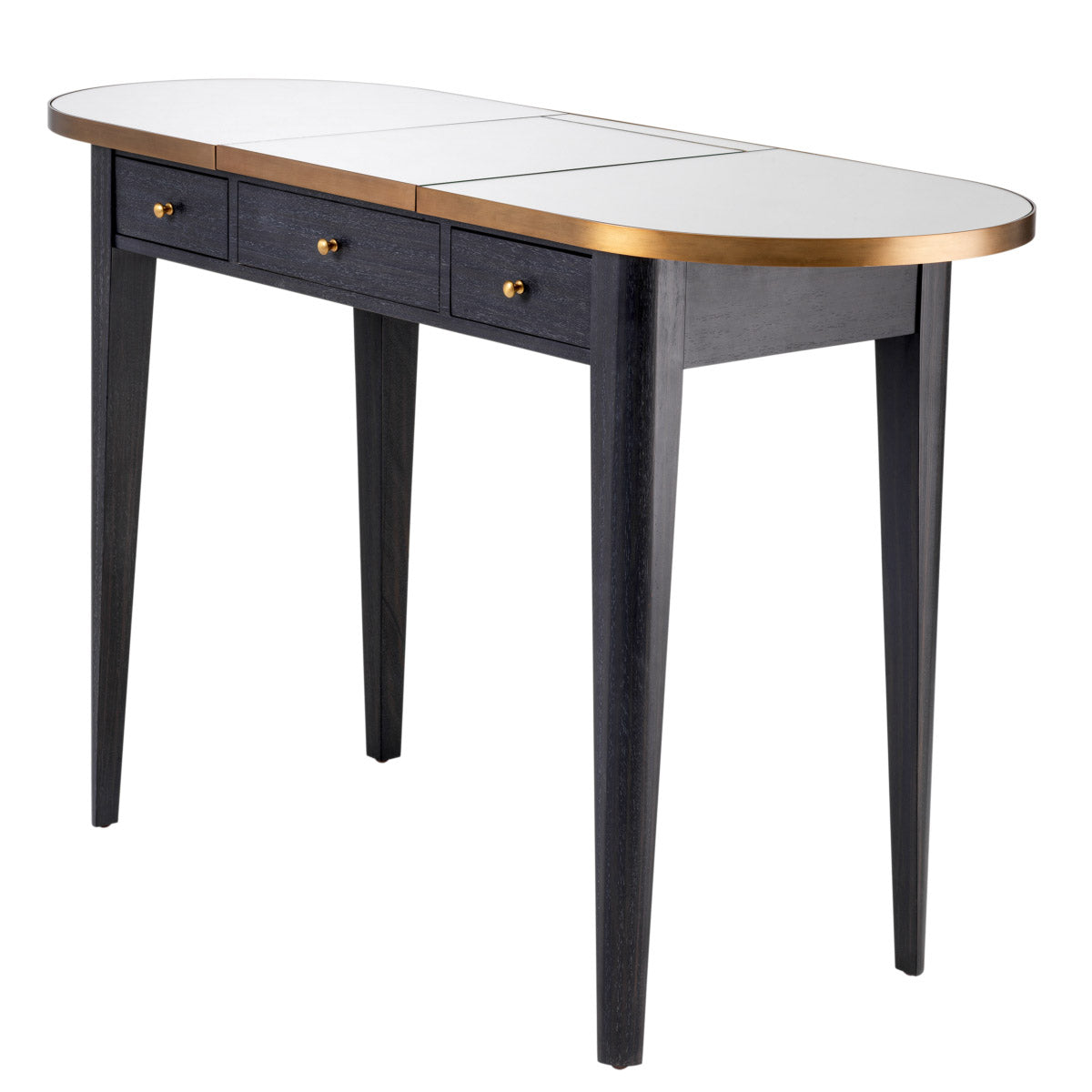 Eichholtz Dressing Table Toulouse the lid. Finished in charcoal oak veneer, it holds a mirror glass table top with