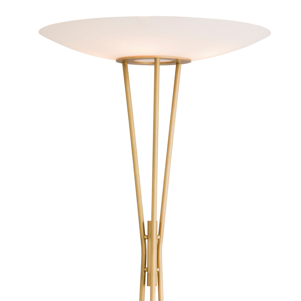 Eichholtz Floor Lamp Collina antique brass stems provides an airy platform for a bowl-shaped lampshade of white glass. The
