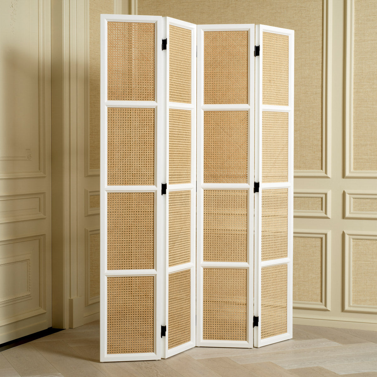 Eichholtz Folding Screen Bahamas by natural cane accents and crystal-clear glass panels. A harmonious blend of classic elegance and