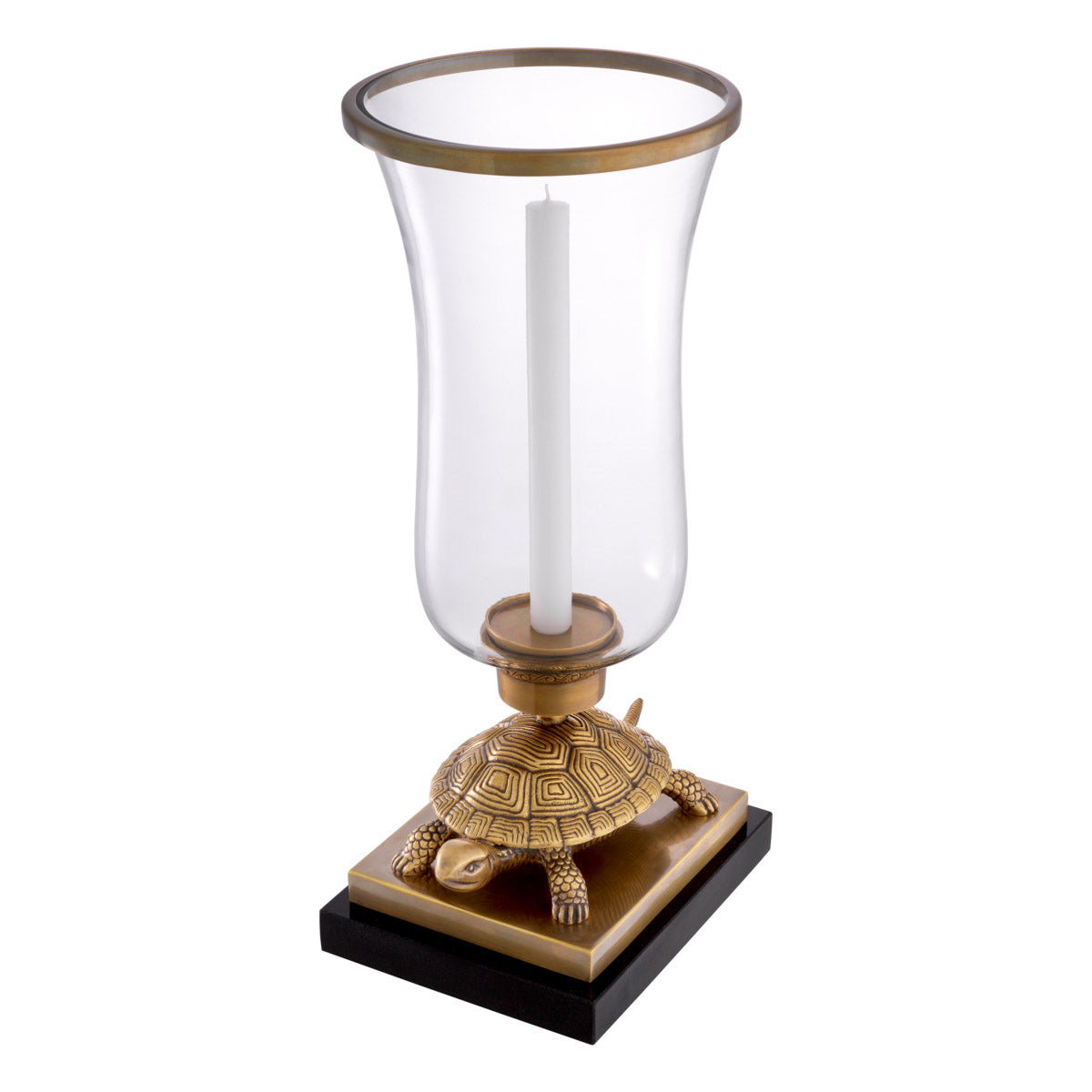 Eichholtz Hurricane Tortoise space. Featuring a vintage brass finish, the candle holder is constructed of handmade glass in