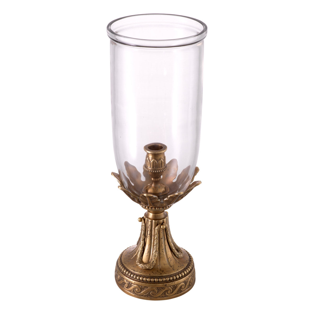 Eichholtz Hurricane Vitruvian of the Louis XVI era. Beyond its decorative allure, the glass shade serves a practical