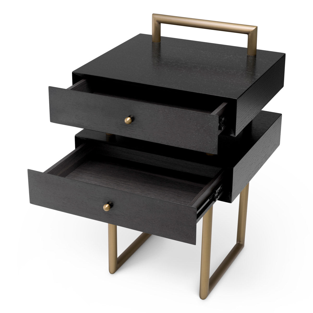 Eichholtz Nightstand Bedini veneer adds a touch of warmth and natural beauty, complementing the brass tones. With two