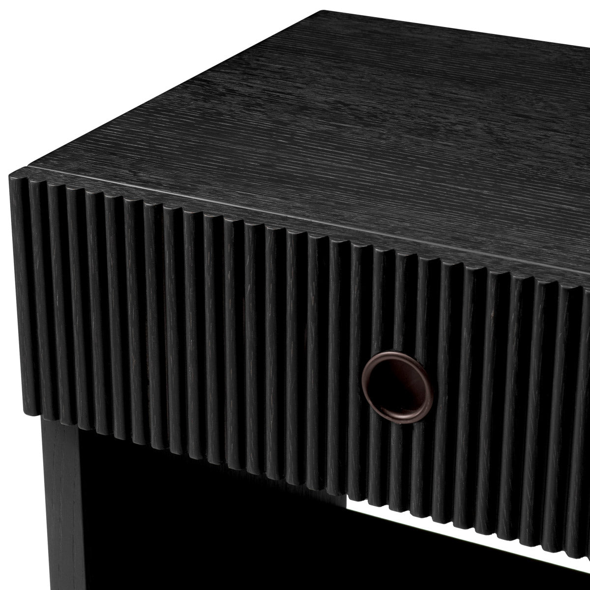 Eichholtz Nightstand Dimitrios striking charcoal grey oak veneer. Its ribbed wooden panels and bronze-finished accents create a stunning