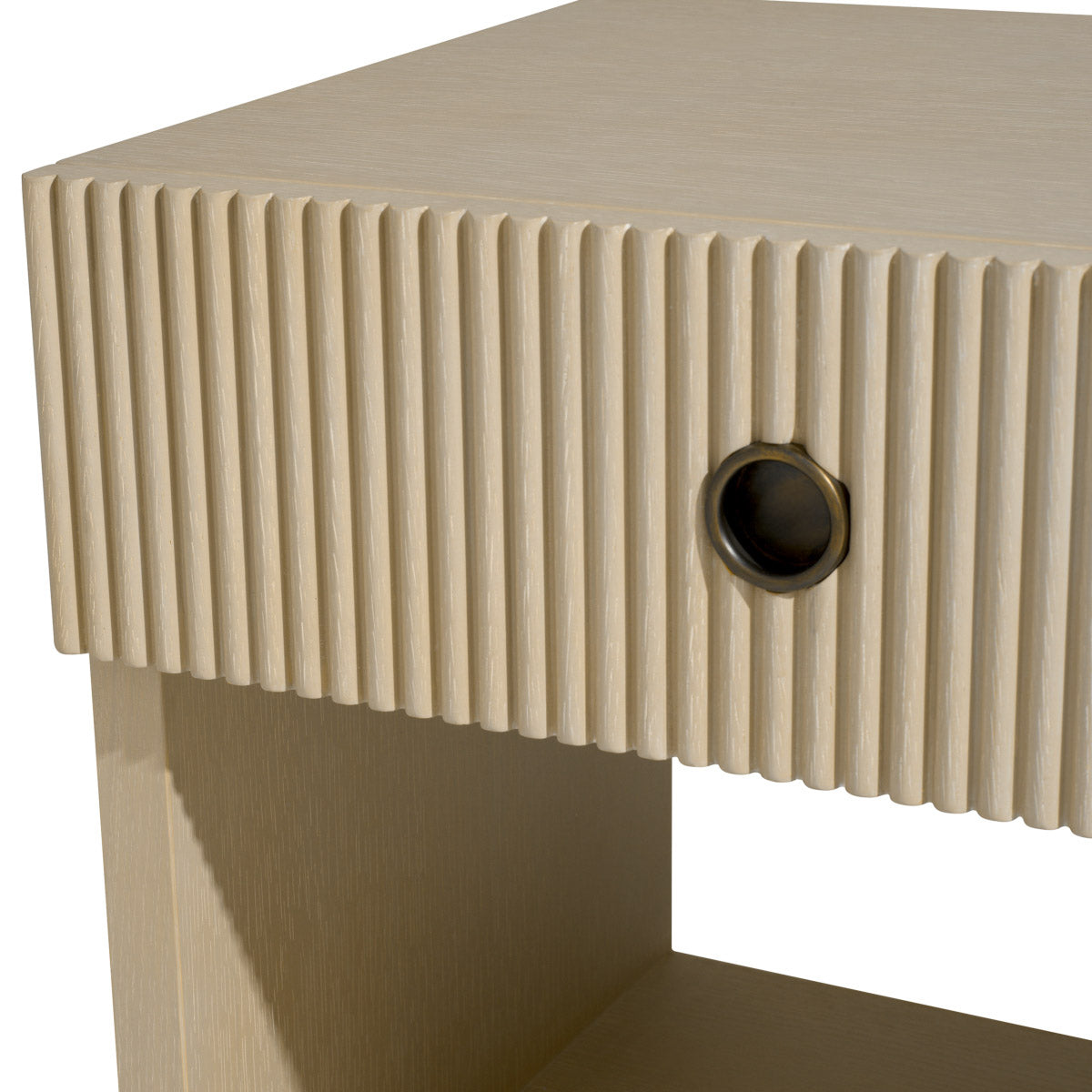 Eichholtz Nightstand Dimitrios washed oak veneer. Its ribbed wooden panels and bronze-finished accents create a stunning visual contrast,