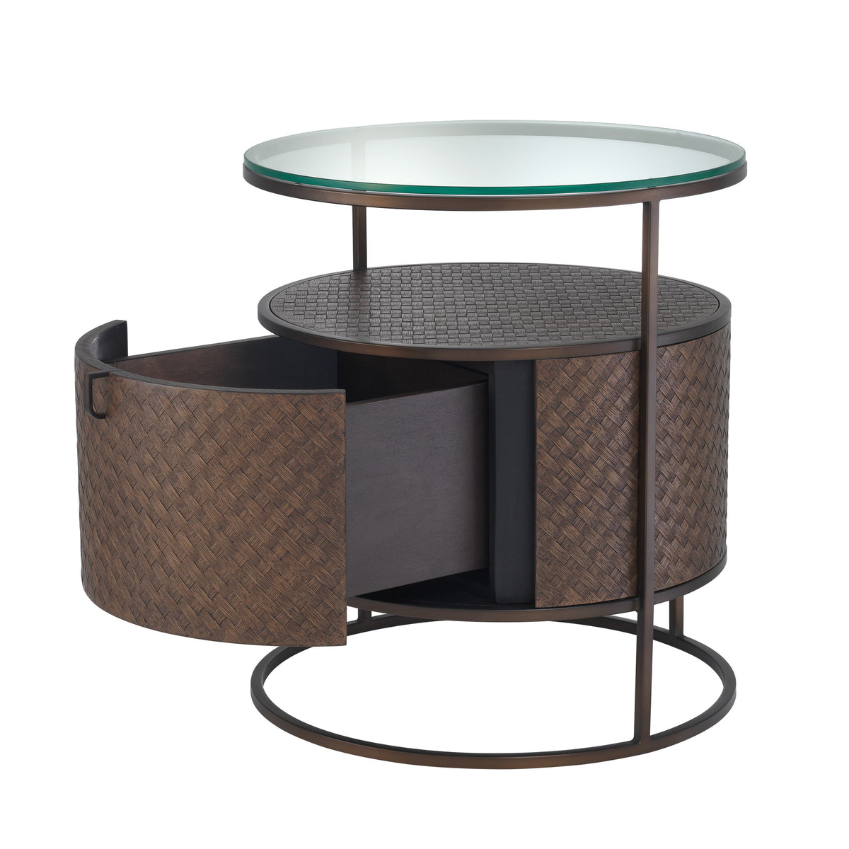 Eichholtz Nightstand Napa Valley sleek stainless steel frame, a clear glass tabletop and a drum-shaped centrepiece that is lined