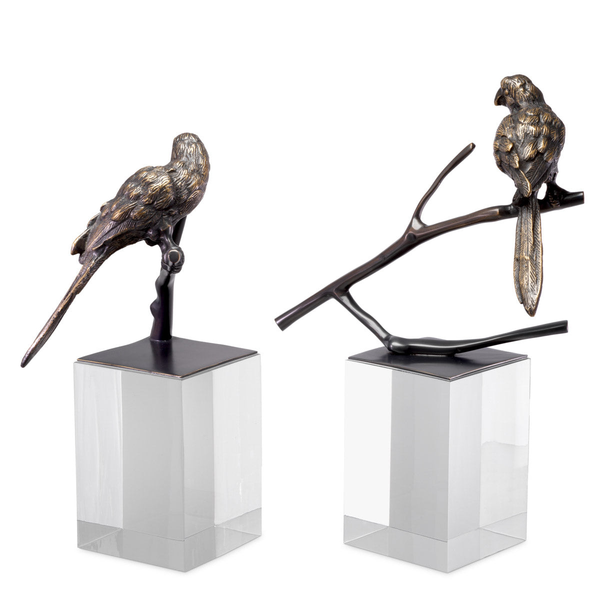 Eichholtz Object Morgana set of 2 figurine is provided with a bronze highlight finish and sits on an acrylic cubicle base.