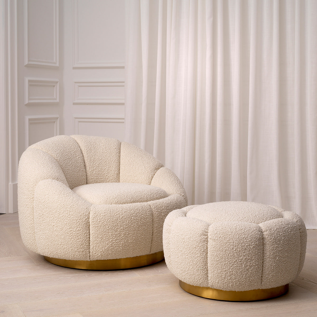Eichholtz Ottoman Inger it features a Bouclé cream upholstery accentuated by deep stitching. This inviting pouffe demonstrates that
