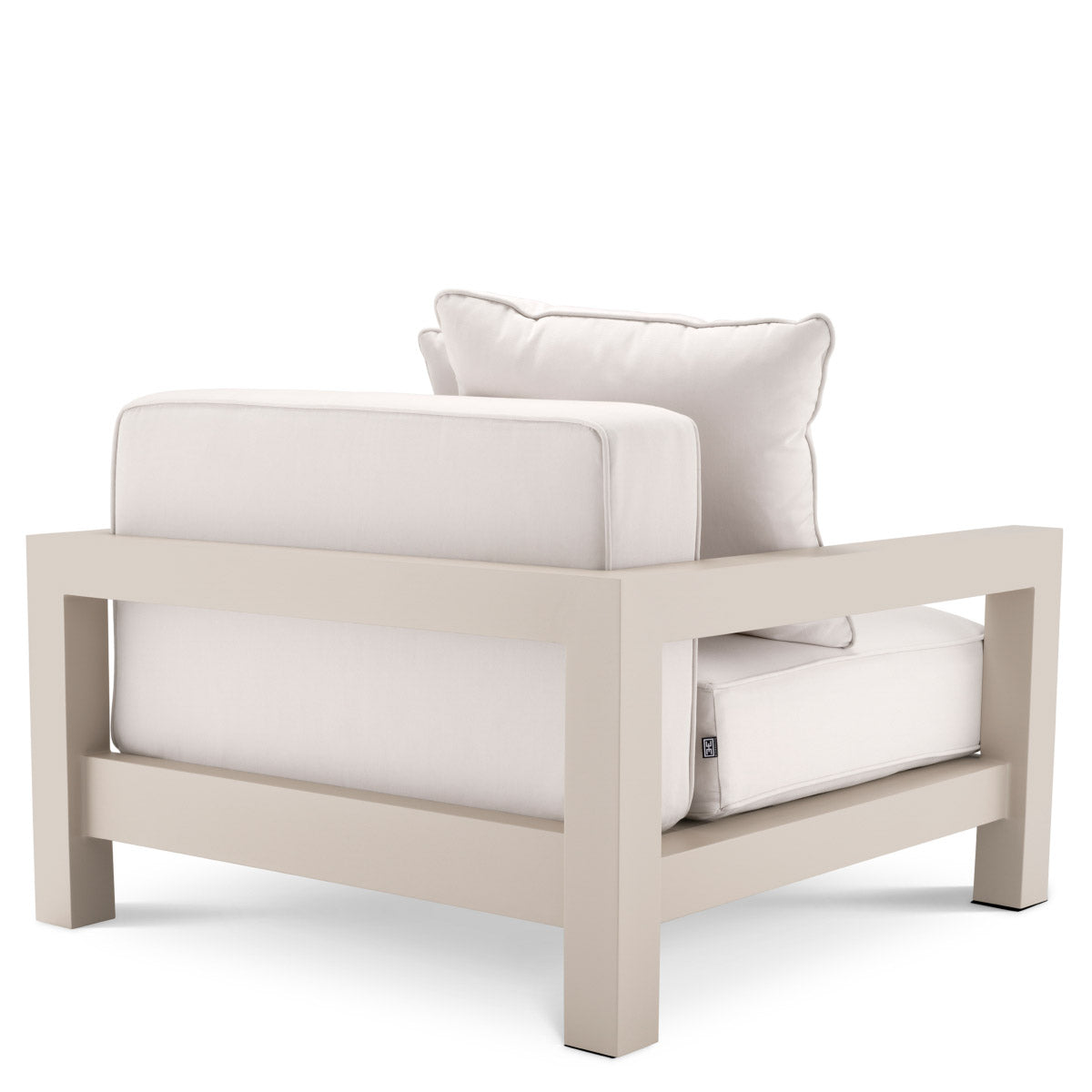 Eichholtz Outdoor Chair Cap-Antibes a powdercoated sand finish. Its seat and back cushions are upholstered in Sunbrella canvas. Outdoor